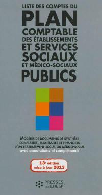 Liste des comptes du plan comptable des établissements et services sociaux et médico-sociaux publics : modèles de documents de synthèse comptables, budgétaires et financiers d'un établissement social ou médico-social, avec annotations et compléments