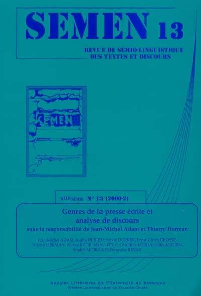 Semen, nouvelle série, n° 13. Genres de la presse écrite et analyse de discours