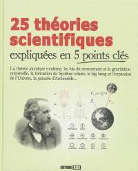 25 théories scientifiques expliquées en 5 points clés : la théorie atomique moderne, les lois du mouvement et la gravitation universelle, la formation du système solaire, le big bang et l'expansion de l'Univers, la poussée d'Archimède...