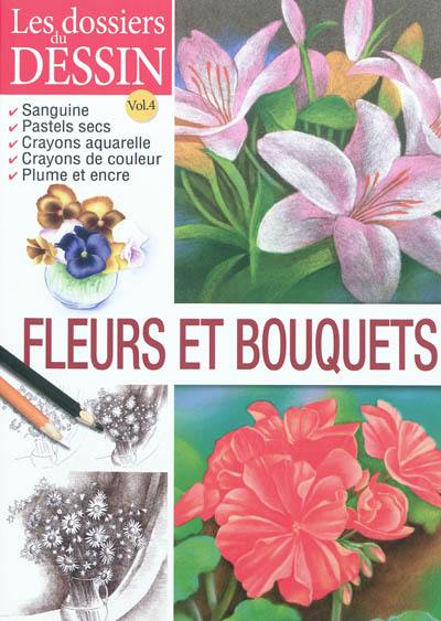 Fleurs et bouquets : sanguine, pastels secs, crayons aquarelle, crayons de couleur, plume et encre