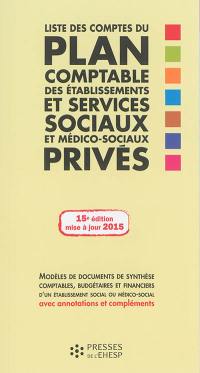 Liste des comptes du plan comptable des établissements et services sociaux et médico-sociaux privés : modèles de documents de synthèse comptables, budgétaires et financiers d'un établissement social ou médico-social avec annotations et compléments