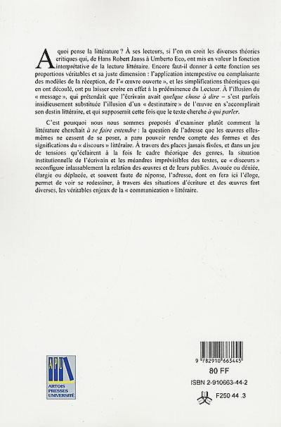 Eloge de l'adresse : actes du colloque de l'Université d'Artois, 2-3 avril 1998