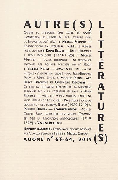 Agone, n° 63-64. Autre(s) littérature(s) ?